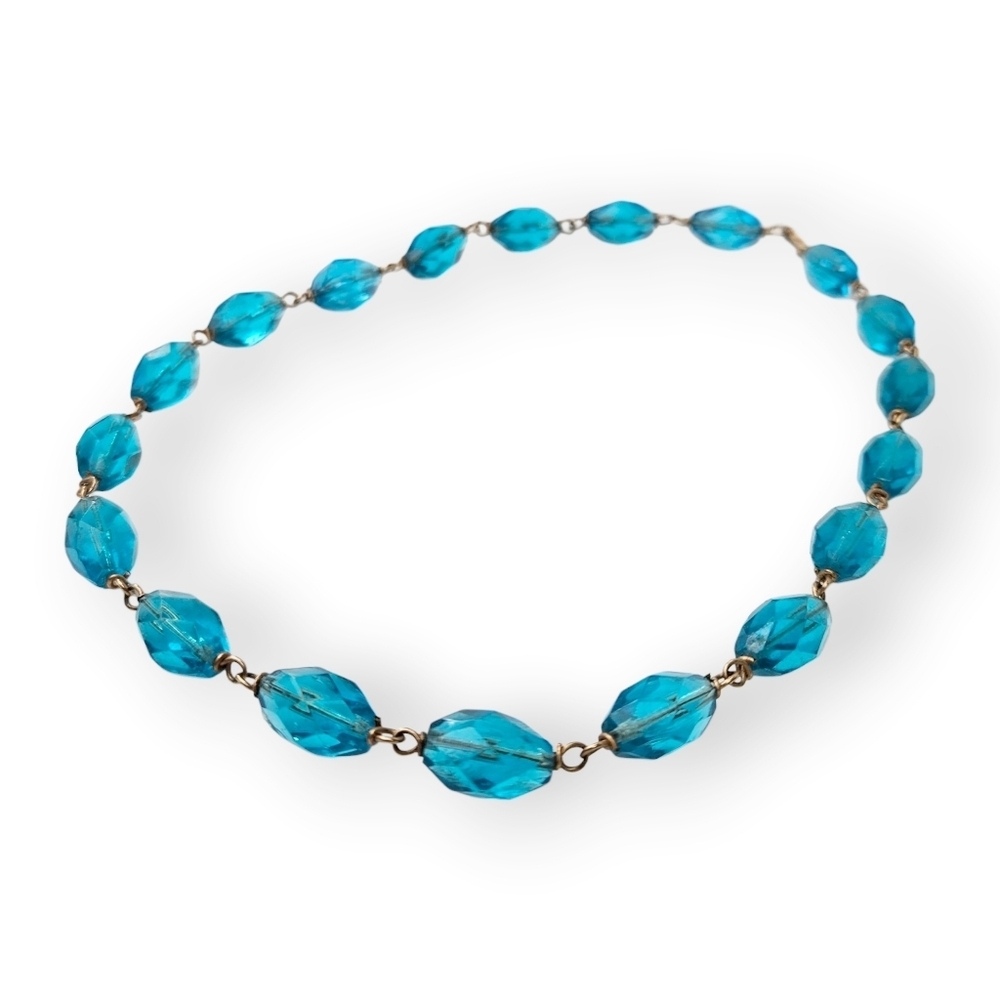 Art Deco Czech Glass Necklaces Turquoise Blue Beaded Chain Wire Link Vtg 16.5" - Picture 4 of 8
